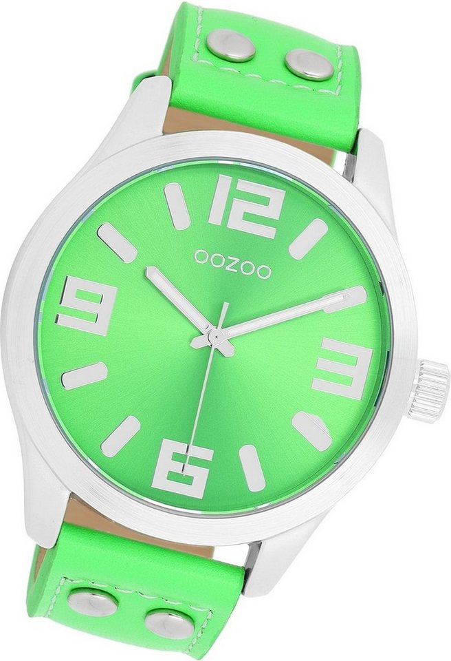 OOZOO Quarzuhr Oozoo Damen Armbanduhr Timepieces, Damenuhr Lederarmband fluo grün, rundes Gehäuse, extra groß (ca. 46mm) von OOZOO