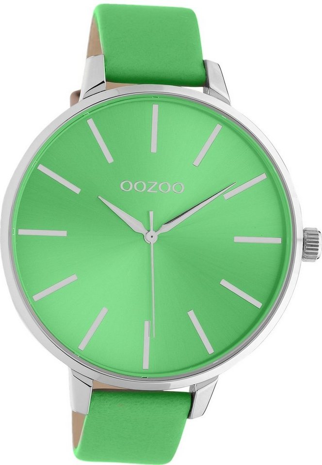 OOZOO Quarzuhr Oozoo Damen Armbanduhr Timepieces, Damenuhr Lederarmband grün, rundes Gehäuse, extra groß (ca. 48mm) von OOZOO