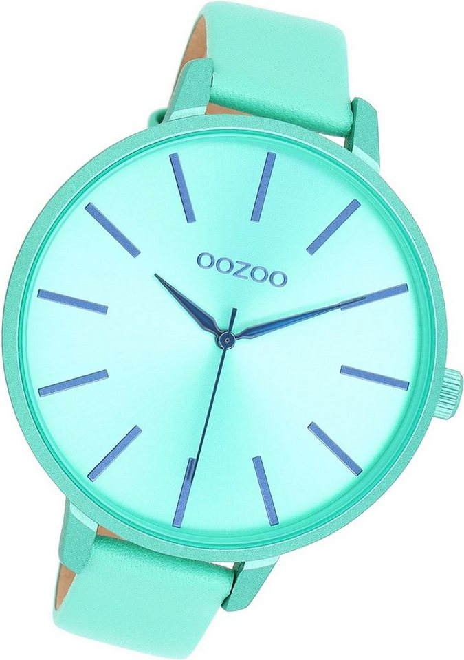 OOZOO Quarzuhr Oozoo Damen Armbanduhr Timepieces, Damenuhr Lederarmband grün, rundes Gehäuse, extra groß (ca. 48mm) von OOZOO