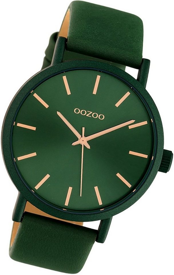 OOZOO Quarzuhr Oozoo Damen Armbanduhr Timepieces, Damenuhr Lederarmband grün, rundes Gehäuse, groß (ca. 42mm) von OOZOO