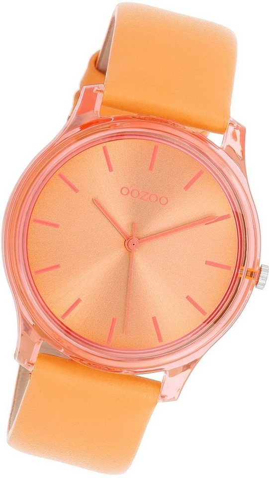 OOZOO Quarzuhr Oozoo Damen Armbanduhr Timepieces, Damenuhr Lederarmband mango, orange, rundes Gehäuse, mittel (ca. 36mm) von OOZOO