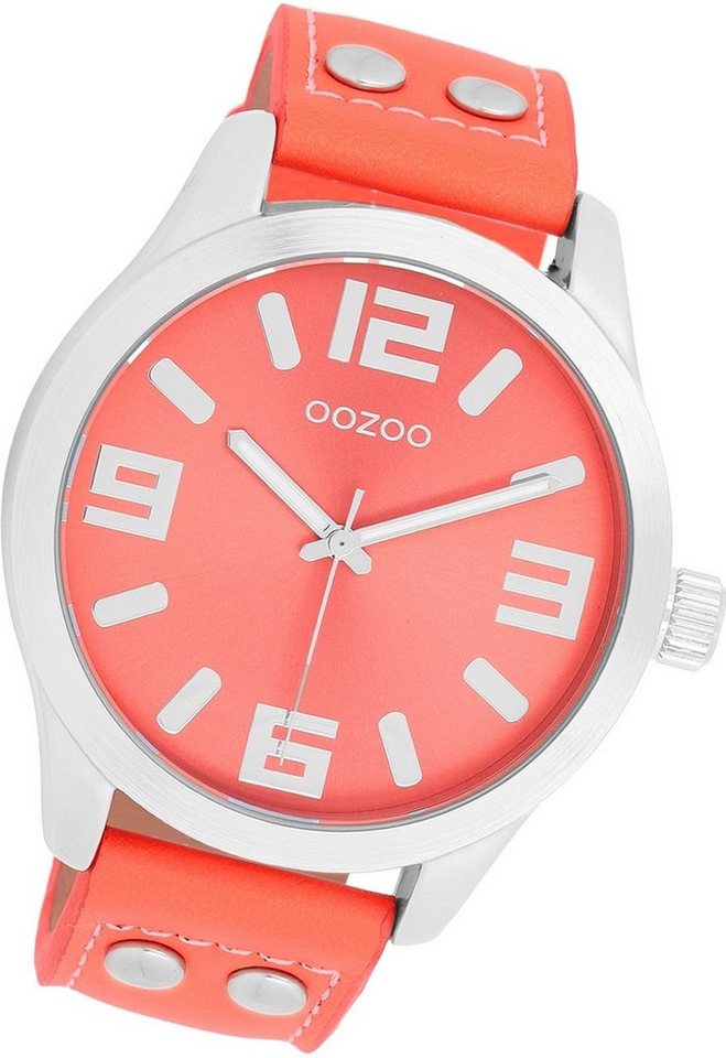 OOZOO Quarzuhr Oozoo Damen Armbanduhr Timepieces, Damenuhr Lederarmband orange, rot, rundes Gehäuse, extragroß (ca 46mm) von OOZOO