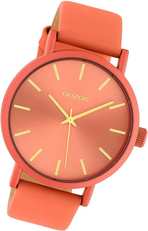 OOZOO Quarzuhr Oozoo Damen Armbanduhr Timepieces, Damenuhr Lederarmband orange, rundes Gehäuse, groß (ca. 42mm) von OOZOO