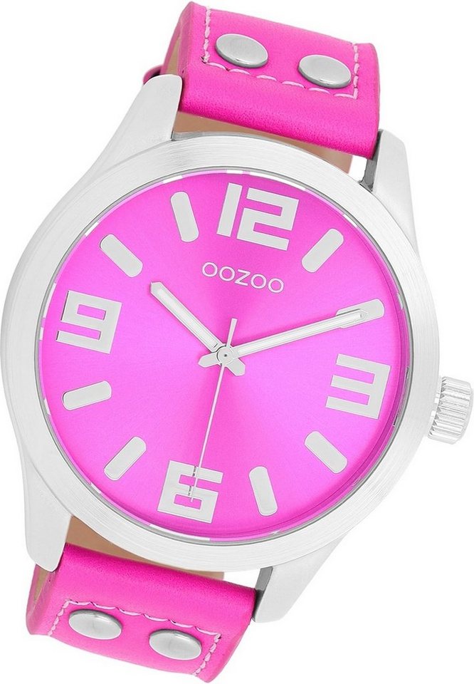 OOZOO Quarzuhr Oozoo Damen Armbanduhr Timepieces, (Analoguhr), Damenuhr Lederarmband pink, rundes Gehäuse, extra groß (ca. 46mm) von OOZOO