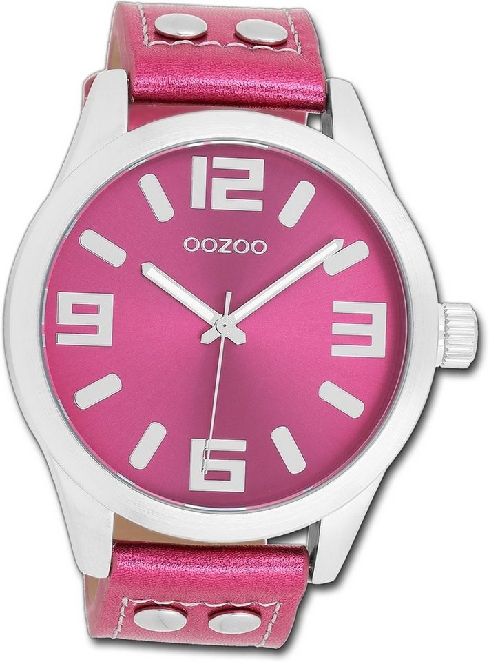 OOZOO Quarzuhr Oozoo Damen Armbanduhr Timepieces, (Analoguhr), Damenuhr Lederarmband pink, rundes Gehäuse, extra groß (ca. 46mm) von OOZOO