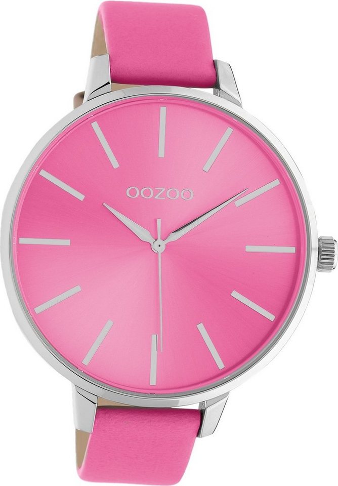 OOZOO Quarzuhr Oozoo Damen Armbanduhr Timepieces, Damenuhr Lederarmband pink, rundes Gehäuse, extra groß (ca. 48mm) von OOZOO