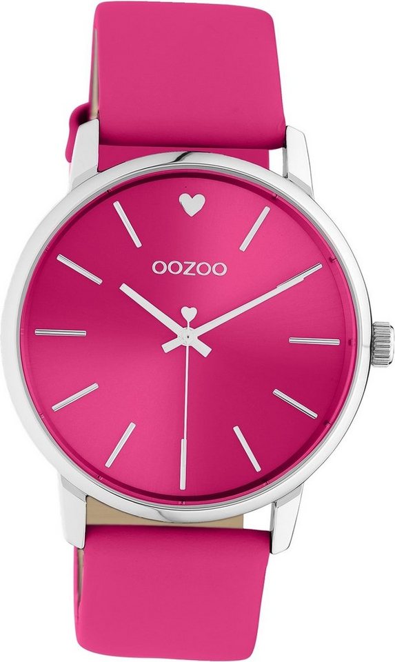 OOZOO Quarzuhr Oozoo Damen Armbanduhr Timepieces, (Analoguhr), Damenuhr Lederarmband pink, rundes Gehäuse, groß (ca. 40mm) von OOZOO