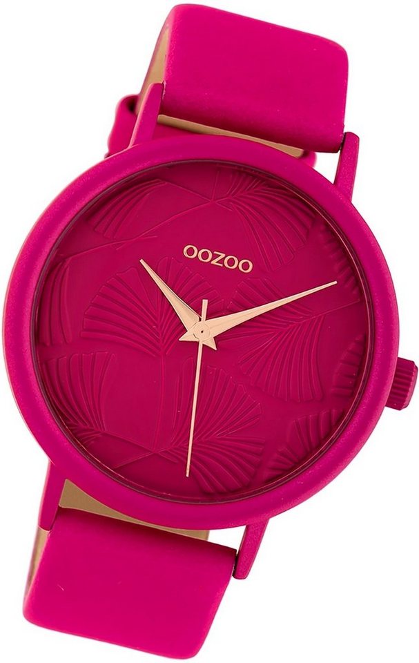 OOZOO Quarzuhr Oozoo Damen Armbanduhr Timepieces, Damenuhr Lederarmband pink, rundes Gehäuse, groß (ca. 42mm) von OOZOO