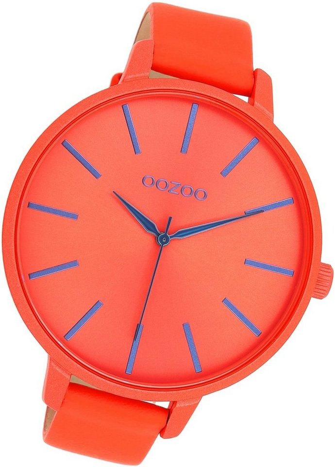 OOZOO Quarzuhr Oozoo Damen Armbanduhr Timepieces, Damenuhr Lederarmband rot, orange, rundes Gehäuse, extra groß (48mm) von OOZOO