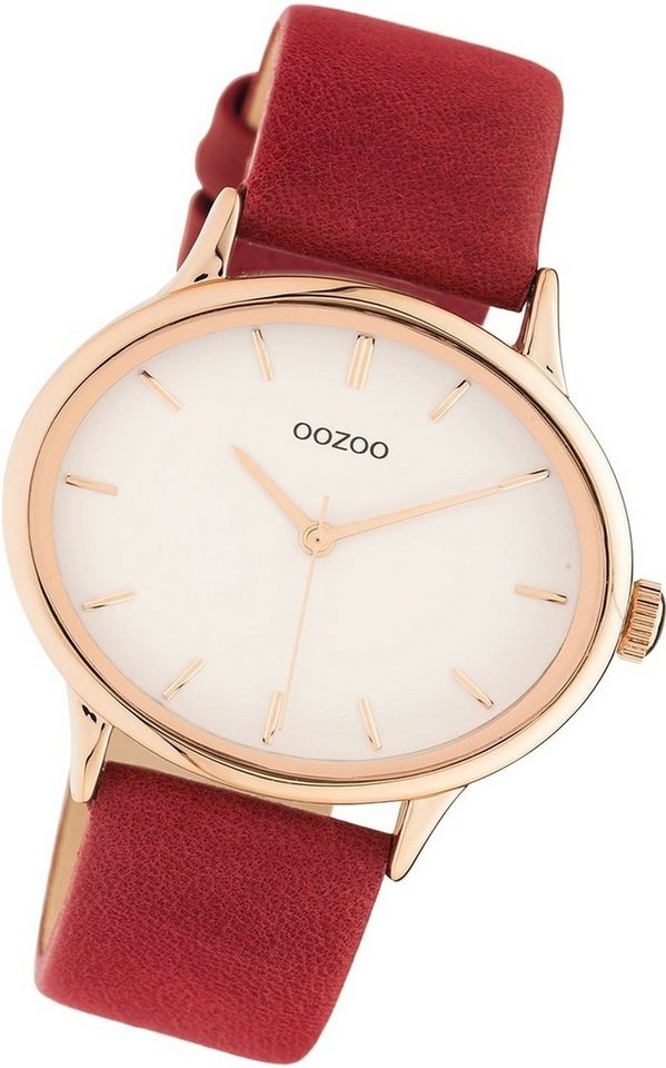 OOZOO Quarzuhr Oozoo Damen Armbanduhr Timepieces, Damenuhr Lederarmband rot, rundes Gehäuse, groß (ca. 42mm) von OOZOO