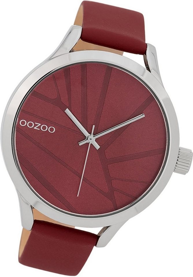 OOZOO Quarzuhr Oozoo Damen Armbanduhr Timepieces, Damenuhr Lederarmband rot, rundes Gehäuse, groß (ca. 43mm) von OOZOO