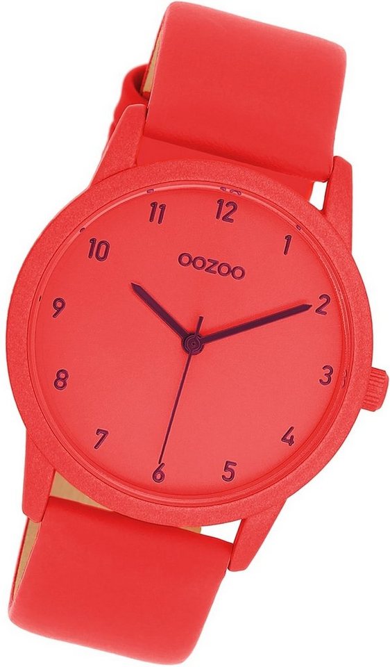 OOZOO Quarzuhr Oozoo Damen Armbanduhr Timepieces, Damenuhr Lederarmband rot, rundes Gehäuse, mittel (ca. 38mm) von OOZOO