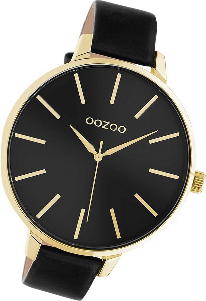 OOZOO Quarzuhr Oozoo Damen Armbanduhr Timepieces, Damenuhr Lederarmband schwarz, rundes Gehäuse, extra groß (ca. 48mm) von OOZOO