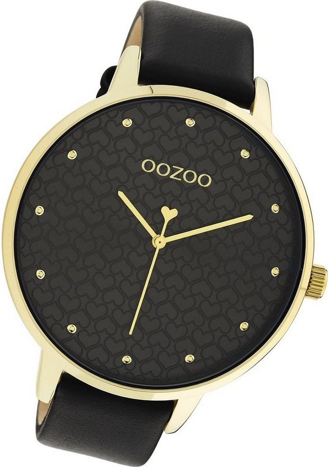 OOZOO Quarzuhr Oozoo Damen Armbanduhr Timepieces, Damenuhr Lederarmband schwarz, rundes Gehäuse, extra groß (ca. 48mm) von OOZOO