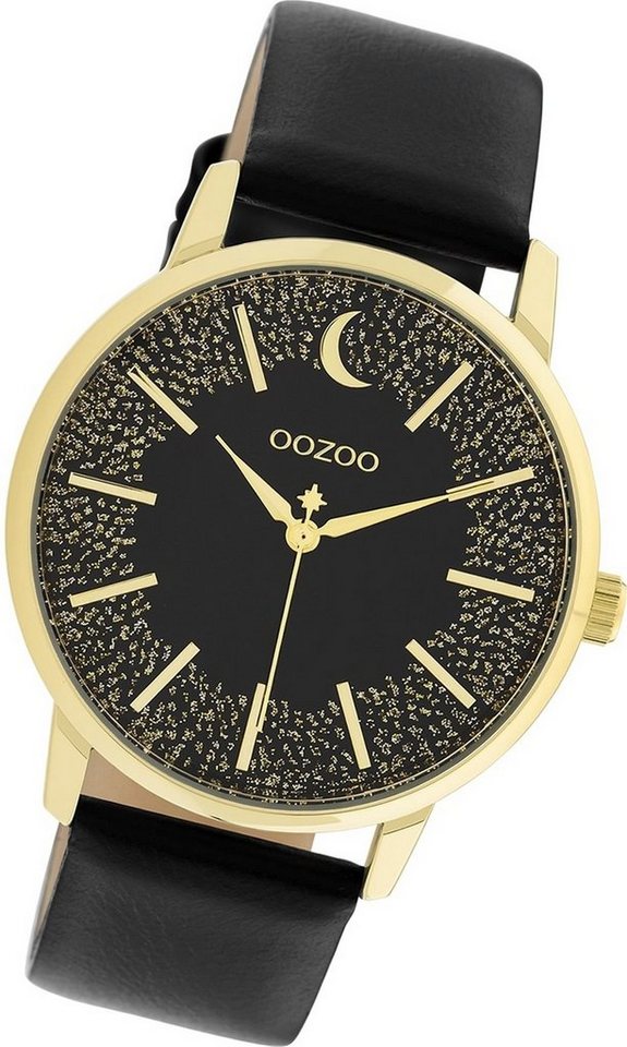 OOZOO Quarzuhr Oozoo Damen Armbanduhr Timepieces, Damenuhr Lederarmband schwarz, rundes Gehäuse, groß (ca. 40mm) von OOZOO