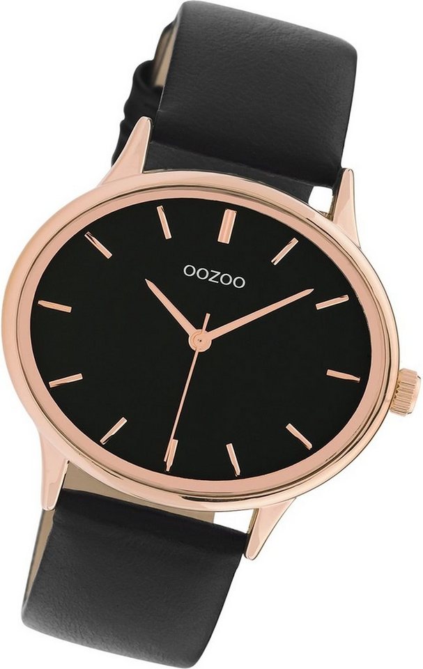 OOZOO Quarzuhr Oozoo Damen Armbanduhr Timepieces, Damenuhr Lederarmband schwarz, rundes Gehäuse, groß (ca. 42mm) von OOZOO