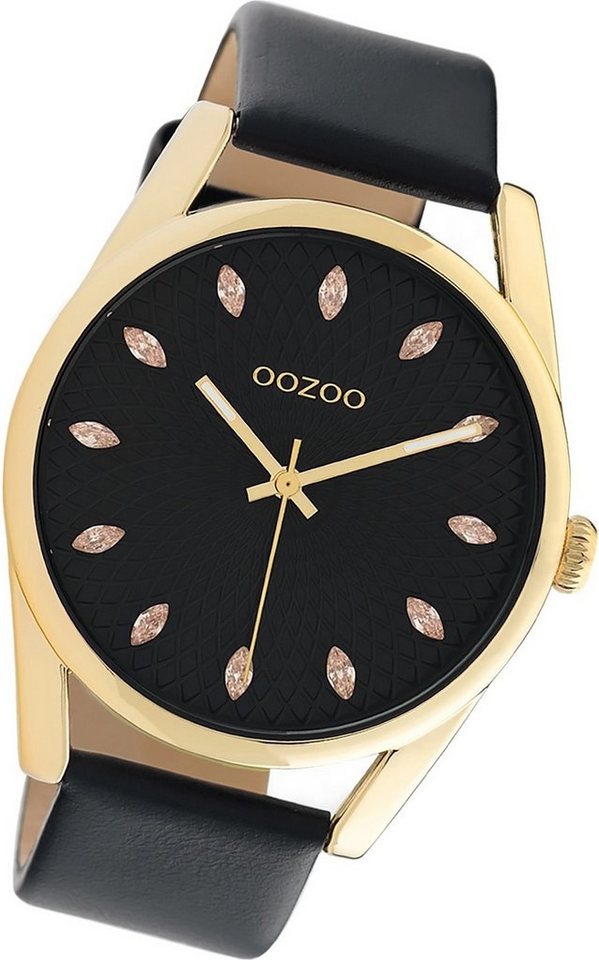 OOZOO Quarzuhr Oozoo Damen Armbanduhr Timepieces, Damenuhr Lederarmband schwarz, rundes Gehäuse, groß (ca. 45mm) von OOZOO