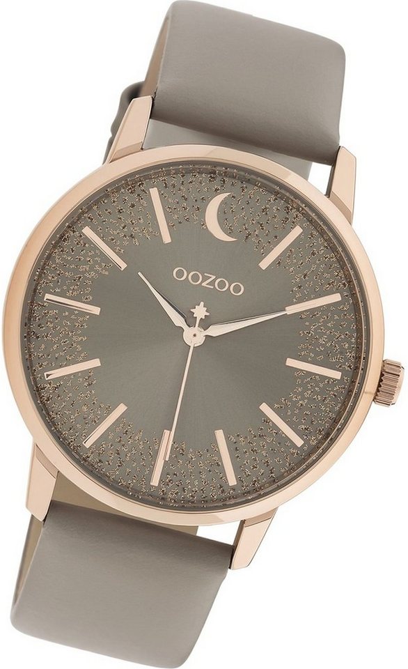 OOZOO Quarzuhr Oozoo Damen Armbanduhr Timepieces, Damenuhr Lederarmband taupe, grau, rundes Gehäuse, groß (ca. 40mm) von OOZOO