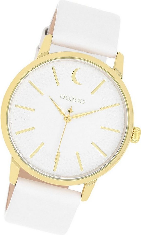 OOZOO Quarzuhr Oozoo Damen Armbanduhr Timepieces, Damenuhr Lederarmband weiß, rundes Gehäuse, groß (ca. 40mm) von OOZOO