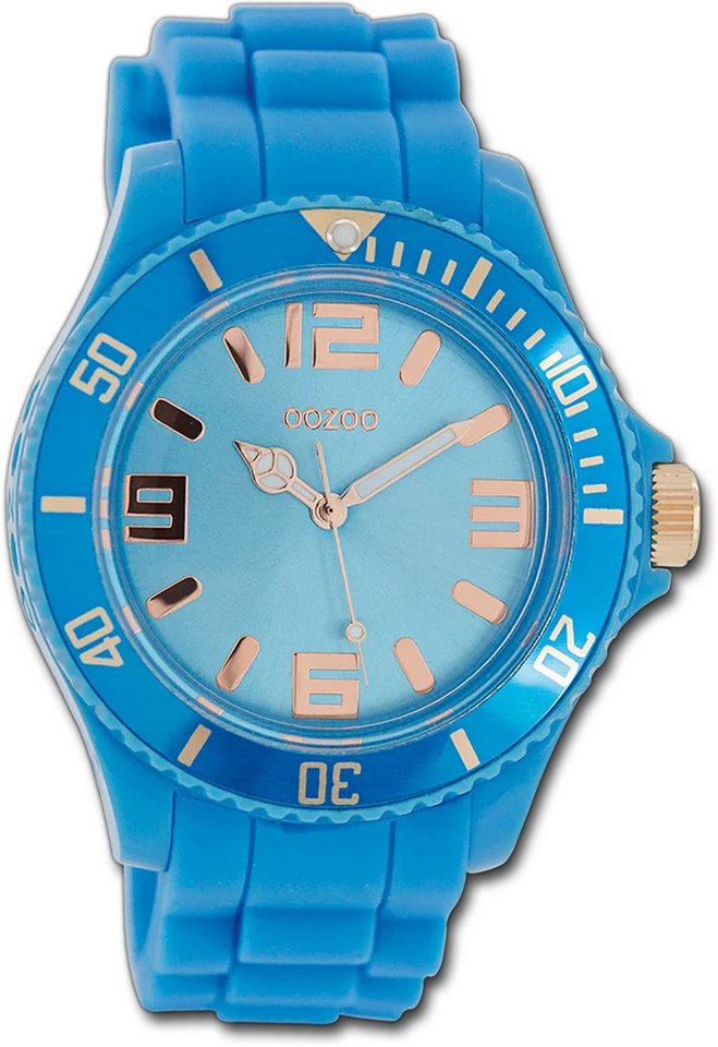 OOZOO Quarzuhr Oozoo Damen Armbanduhr Timepieces, (Analoguhr), Damenuhr Silikonarmband blau, rundes Gehäuse, groß (ca. 43mm) von OOZOO