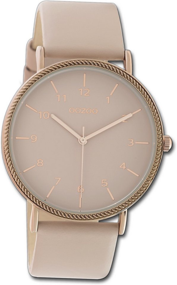 OOZOO Quarzuhr Oozoo Damen Armbanduhr Timepieces, Damenuhr Lederarmband beige, rosa, rundes Gehäuse, groß (ca. 40mm) von OOZOO