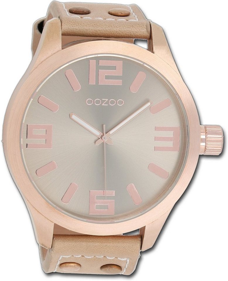 OOZOO Quarzuhr Oozoo Damen Armbanduhr Timepieces, Damenuhr Lederarmband beige, rundes Gehäuse, extra groß (ca. 51mm) von OOZOO