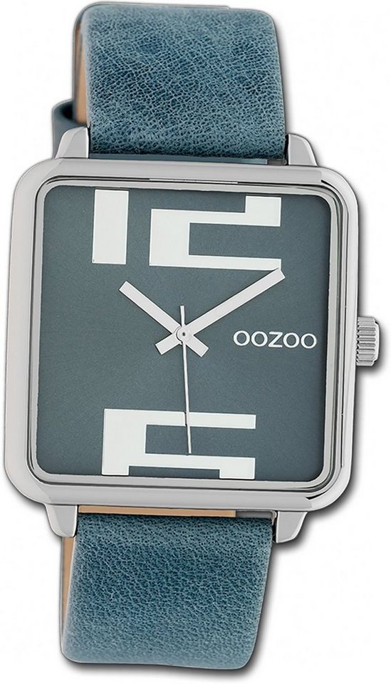 OOZOO Quarzuhr Oozoo Damen Armbanduhr Timepieces, Damenuhr Lederarmband blau, rechteckiges Gehäuse, groß (ca. 35x35mm) von OOZOO