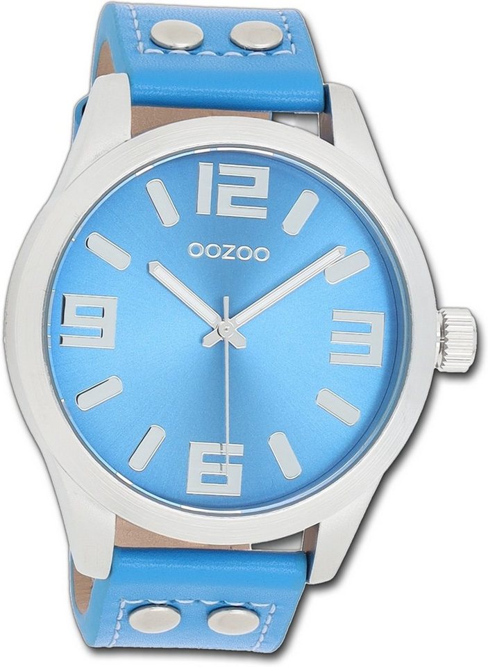 OOZOO Quarzuhr Oozoo Damen Armbanduhr Timepieces, Damenuhr Lederarmband blau, rundes Gehäuse, extra groß (ca. 46mm) von OOZOO