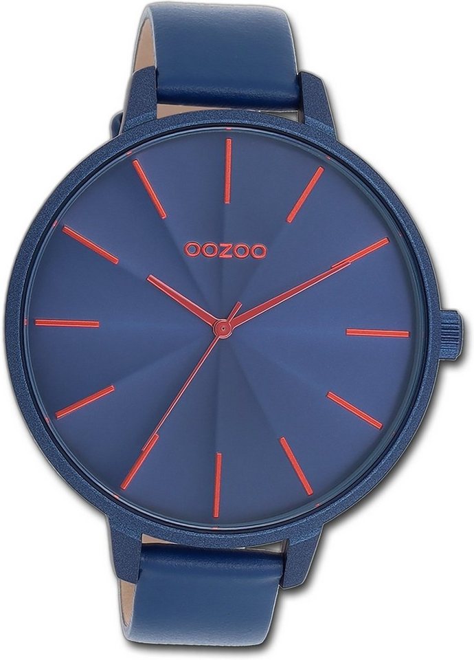 OOZOO Quarzuhr Oozoo Damen Armbanduhr Timepieces, Damenuhr Lederarmband blau, rundes Gehäuse, extra groß (ca. 48mm) von OOZOO