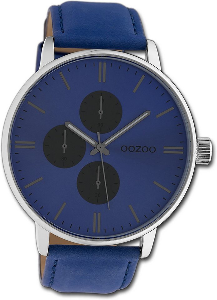 OOZOO Quarzuhr Oozoo Damen Armbanduhr Timepieces, Damenuhr Lederarmband blau, rundes Gehäuse, extra groß (ca. 50mm) von OOZOO