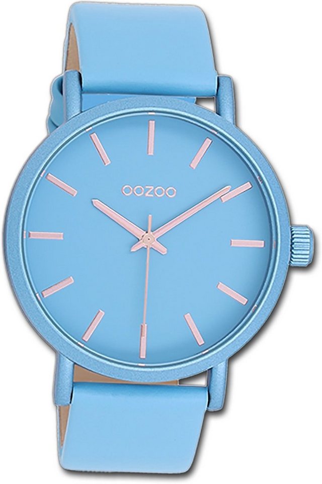 OOZOO Quarzuhr Oozoo Damen Armbanduhr Timepieces, Damenuhr Lederarmband blau, rundes Gehäuse, groß (ca. 42mm) von OOZOO