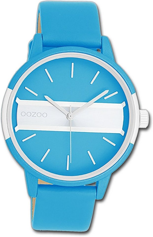 OOZOO Quarzuhr Oozoo Damen Armbanduhr Timepieces, Damenuhr Lederarmband blau, rundes Gehäuse, groß (ca. 42mm) von OOZOO