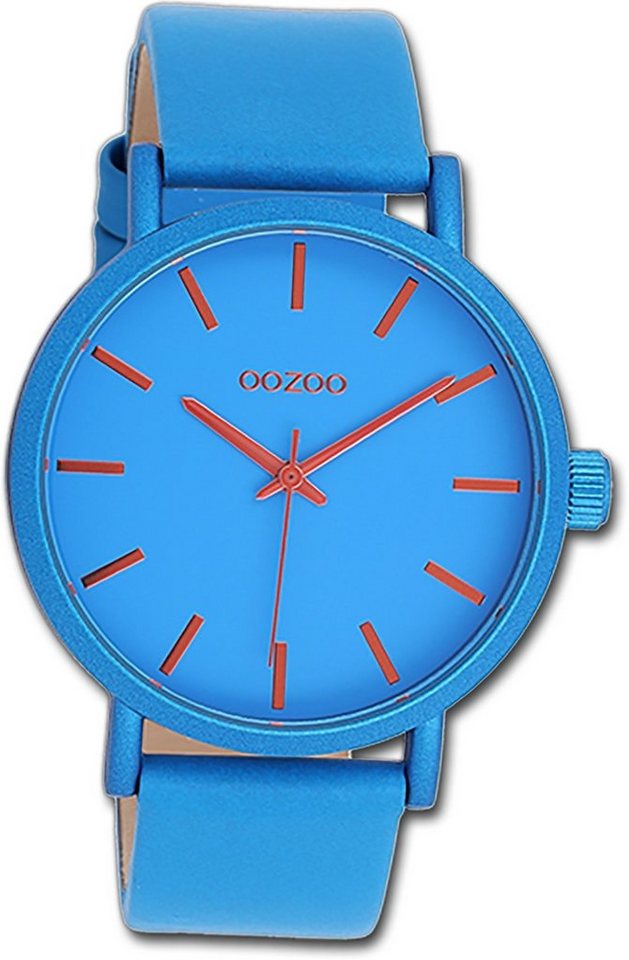 OOZOO Quarzuhr Oozoo Damen Armbanduhr Timepieces, Damenuhr Lederarmband blau, rundes Gehäuse, groß (ca. 42mm) von OOZOO