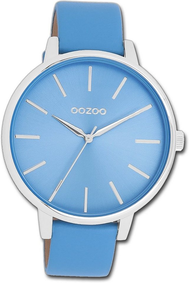 OOZOO Quarzuhr Oozoo Damen Armbanduhr Timepieces, Damenuhr Lederarmband blau, rundes Gehäuse, groß (ca. 42mm) von OOZOO