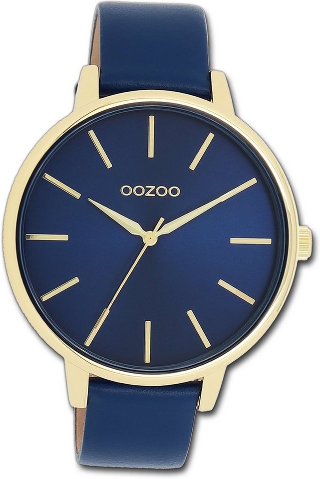 OOZOO Quarzuhr Oozoo Damen Armbanduhr Timepieces, Damenuhr Lederarmband blau, rundes Gehäuse, groß (ca. 42mm) von OOZOO