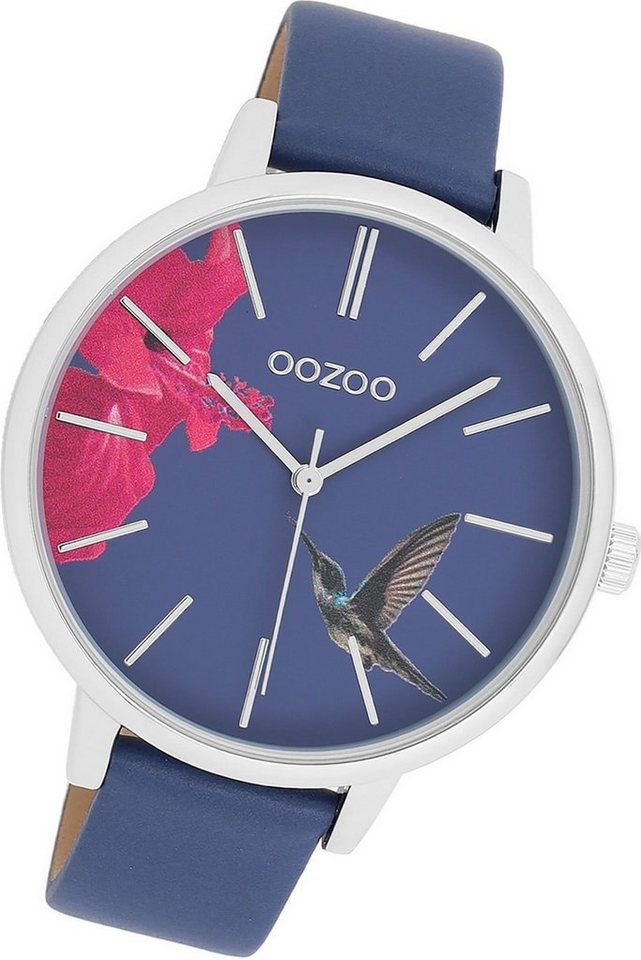 OOZOO Quarzuhr Oozoo Damen Armbanduhr Timepieces, Damenuhr Lederarmband blau, rundes Gehäuse, groß (ca. 42mm) von OOZOO