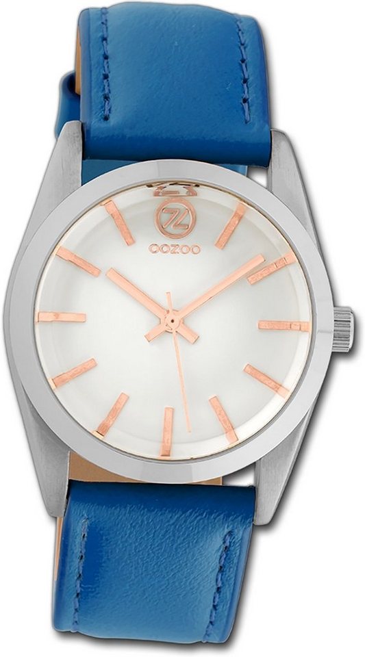 OOZOO Quarzuhr Oozoo Damen Armbanduhr Timepieces, Damenuhr Lederarmband blau, rundes Gehäuse, mittel (ca. 33mm) von OOZOO