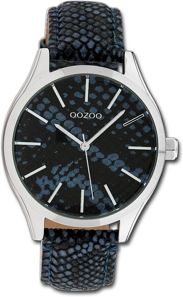 OOZOO Quarzuhr Oozoo Damen Armbanduhr Timepieces, Damenuhr Lederarmband blau, schwarz, rundes Gehäuse, groß (ca. 42mm) von OOZOO