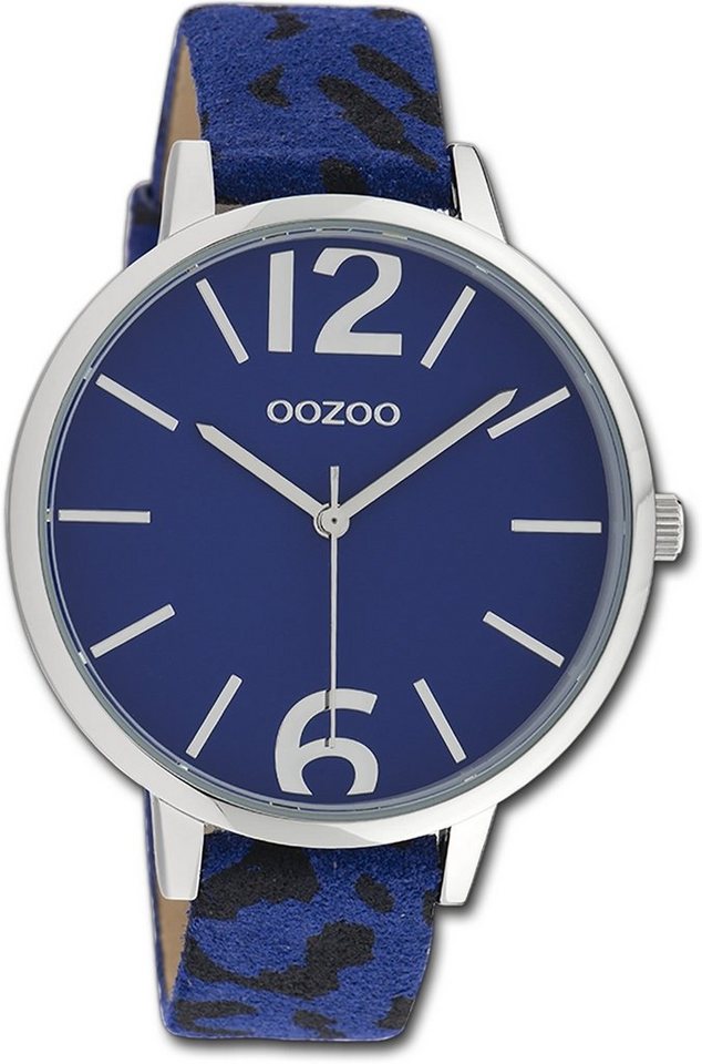 OOZOO Quarzuhr Oozoo Damen Armbanduhr Timepieces, Damenuhr Lederarmband blau, schwarz, rundes Gehäuse, groß (ca. 43mm) von OOZOO