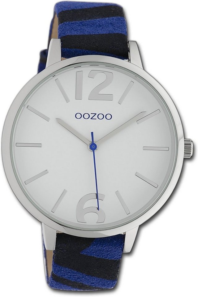 OOZOO Quarzuhr Oozoo Damen Armbanduhr Timepieces, Damenuhr Lederarmband blau, schwarz, rundes Gehäuse, groß (ca. 43mm) von OOZOO