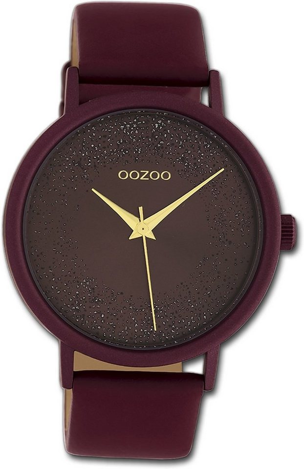 OOZOO Quarzuhr Oozoo Damen Armbanduhr Timepieces, Damenuhr Lederarmband bordeauxrot, rundes Gehäuse, groß (ca. 40mm) von OOZOO