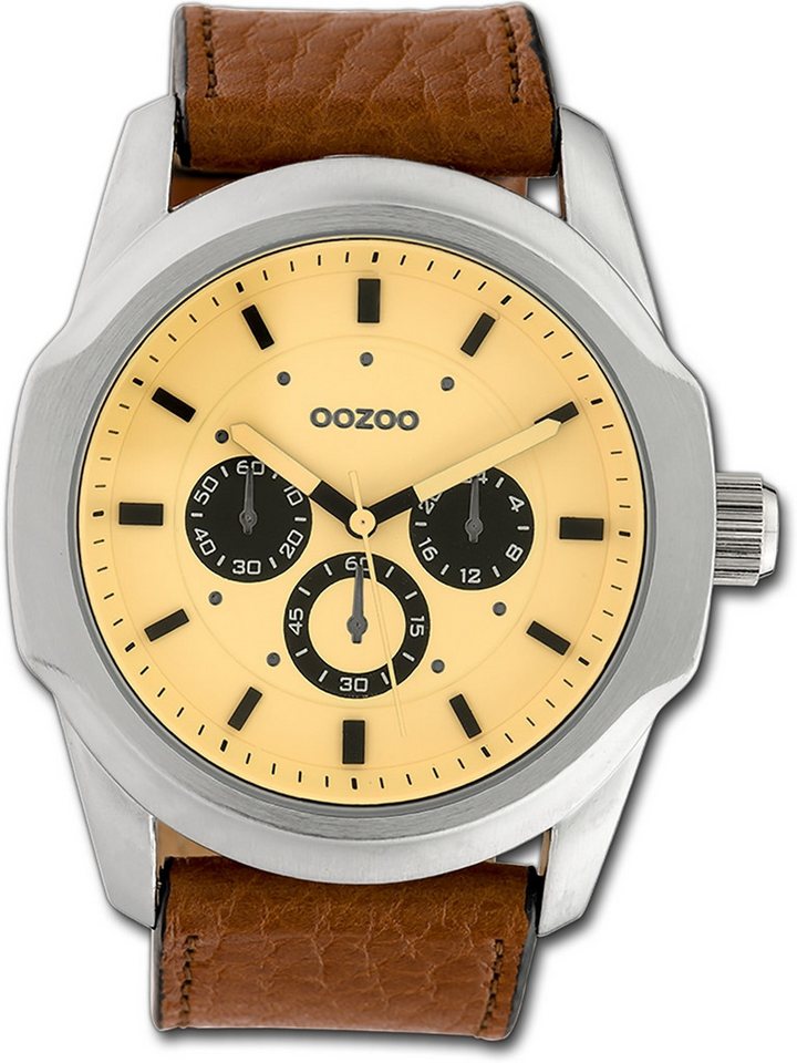 OOZOO Quarzuhr Oozoo Damen Armbanduhr Timepieces, Damenuhr Lederarmband braun, rundes Gehäuse, extra groß (ca. 48mm) von OOZOO