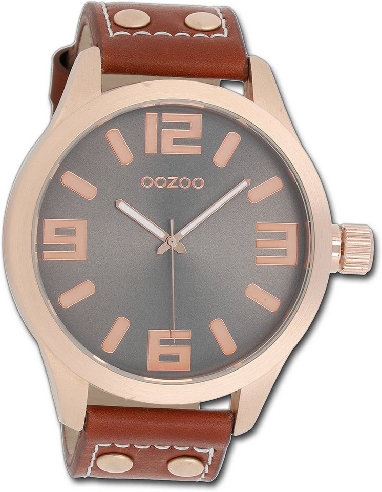 OOZOO Quarzuhr Oozoo Damen Armbanduhr Timepieces, Damenuhr Lederarmband braun, rundes Gehäuse, extra groß (ca. 51mm) von OOZOO