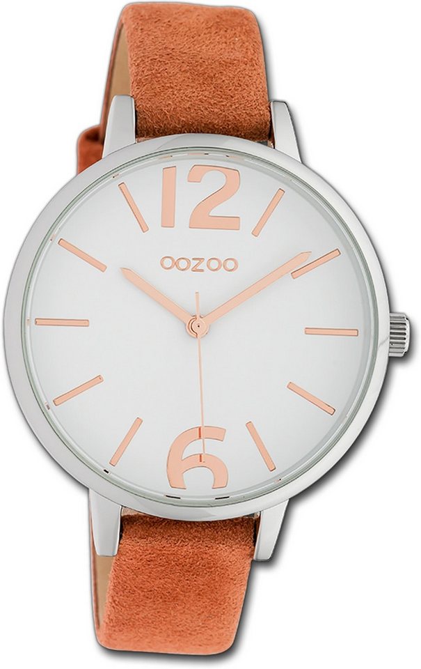 OOZOO Quarzuhr Oozoo Damen Armbanduhr Timepieces, Damenuhr Lederarmband braun, rundes Gehäuse, groß (ca. 42mm) von OOZOO