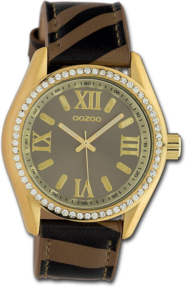 OOZOO Quarzuhr Oozoo Damen Armbanduhr Timepieces, (Analoguhr), Damenuhr Lederarmband bronze, schwarz, rundes Gehäuse, groß (ca. 40mm) von OOZOO