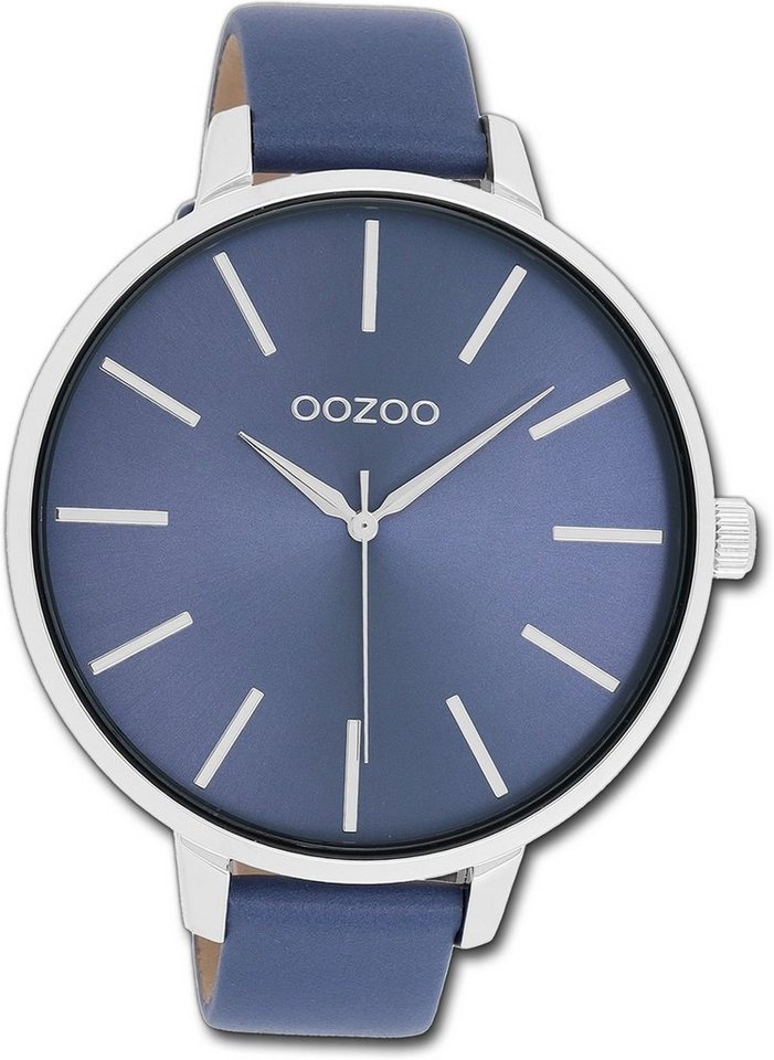 OOZOO Quarzuhr Oozoo Damen Armbanduhr Timepieces, Damenuhr Lederarmband dunkelblau, rundes Gehäuse, extra groß (ca 48mm) von OOZOO