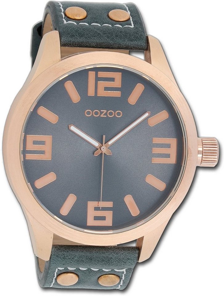 OOZOO Quarzuhr Oozoo Damen Armbanduhr Timepieces, Damenuhr Lederarmband dunkelblau, rundes Gehäuse, extra groß (ca 51mm) von OOZOO