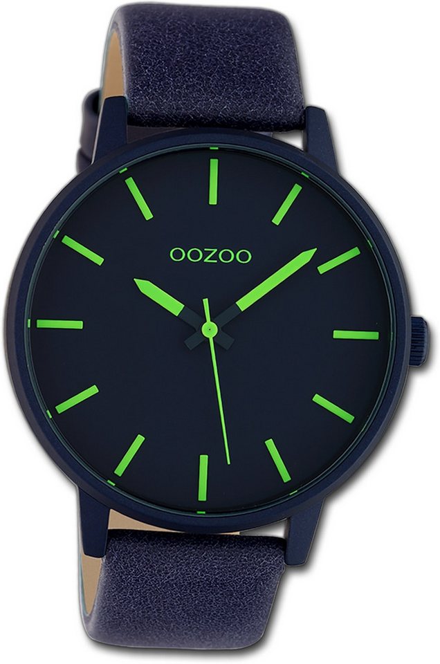 OOZOO Quarzuhr Oozoo Damen Armbanduhr Timepieces, Damenuhr Lederarmband dunkelblau, rundes Gehäuse, groß (ca. 45mm) von OOZOO