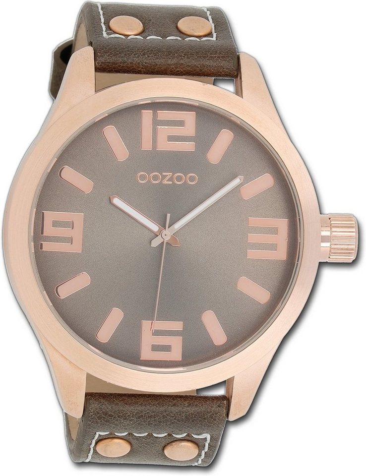 OOZOO Quarzuhr Oozoo Damen Armbanduhr Timepieces, Damenuhr Lederarmband dunkelbraun, rundes Gehäuse, extragroß (ca 51mm) von OOZOO