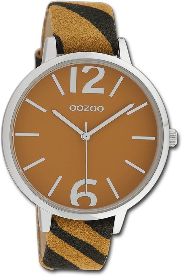 OOZOO Quarzuhr Oozoo Damen Armbanduhr Timepieces, Damenuhr Lederarmband dunkelgelb, schwarz, rundes Gehäuse, groß (43mm) von OOZOO